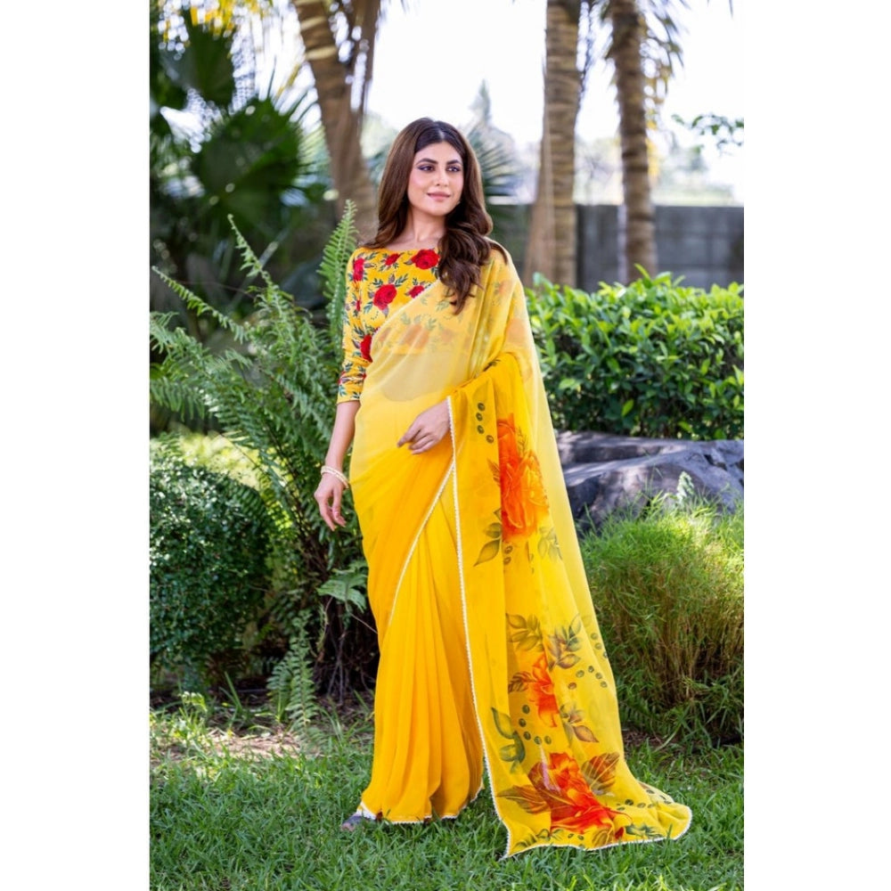 Georgette  Printed Saree With Unstitched Blouse 5.5Mtr (Yellow)
