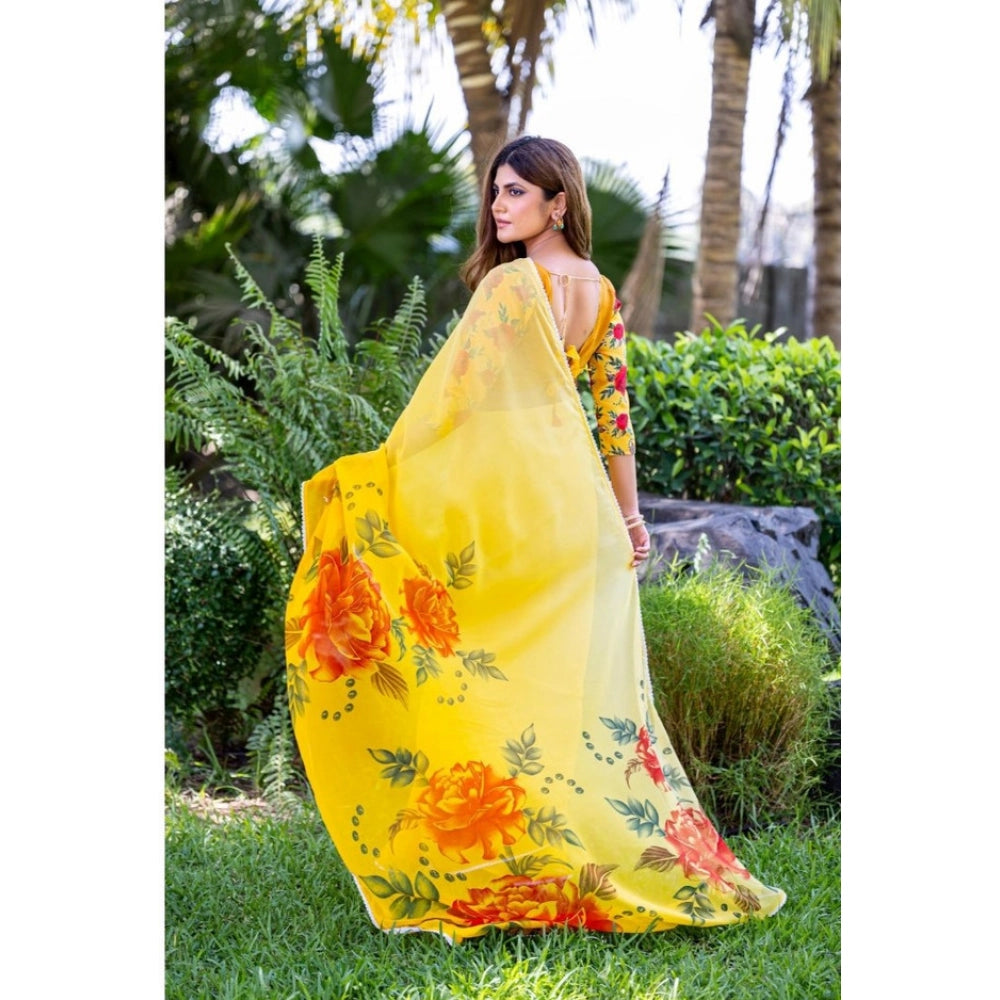 Georgette  Printed Saree With Unstitched Blouse 5.5Mtr (Yellow)