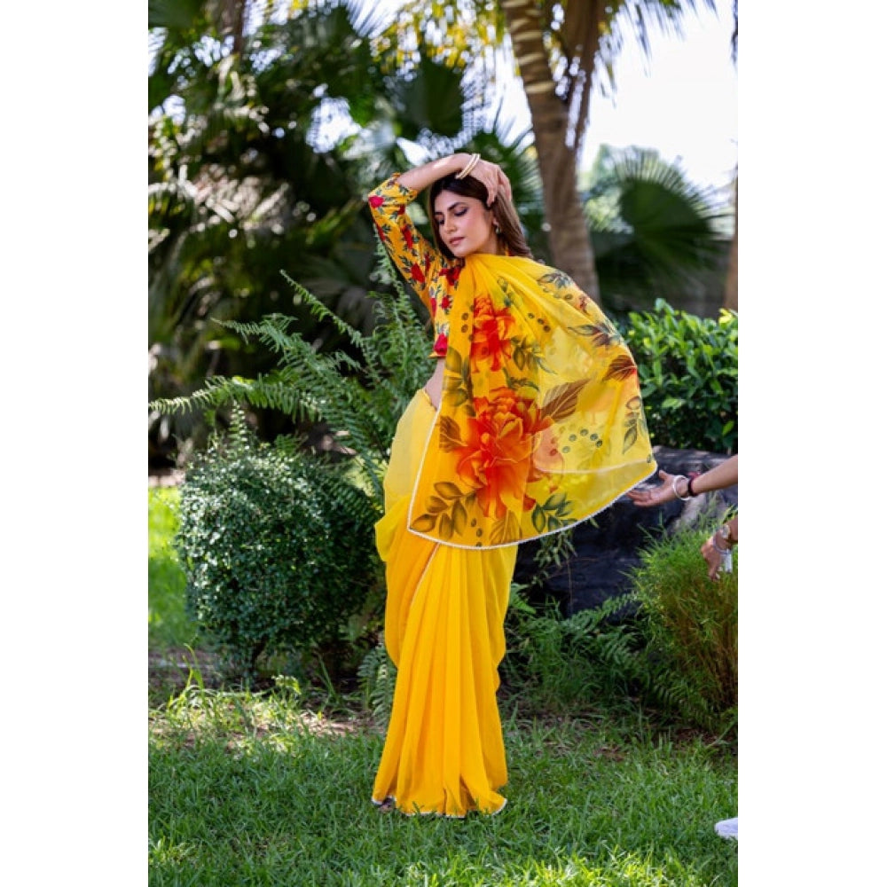 Georgette  Printed Saree With Unstitched Blouse 5.5Mtr (Yellow)