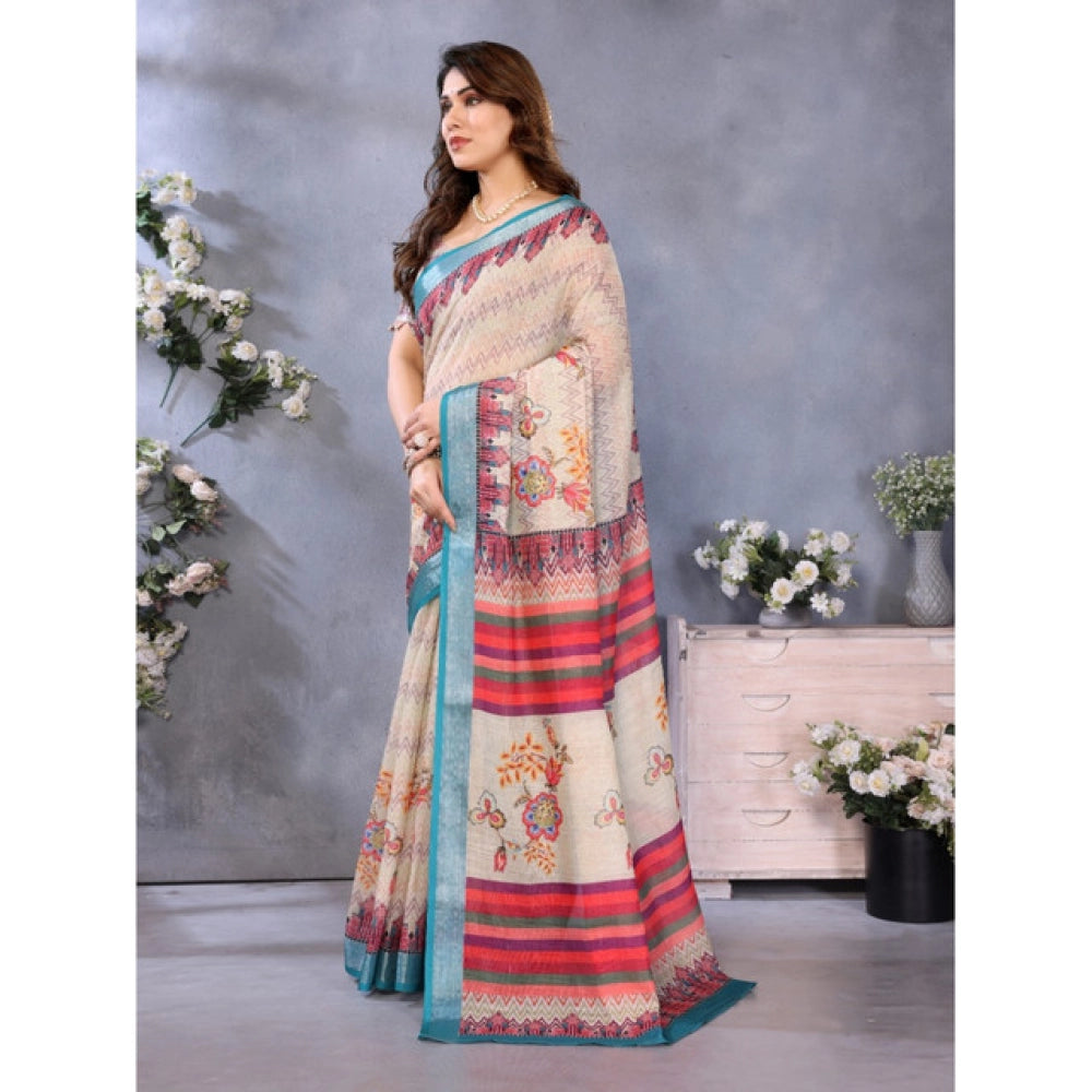 Generic Women's Linen Cotton  Printed Saree With Unstitched Blouse 5.5Mtr (Cream)