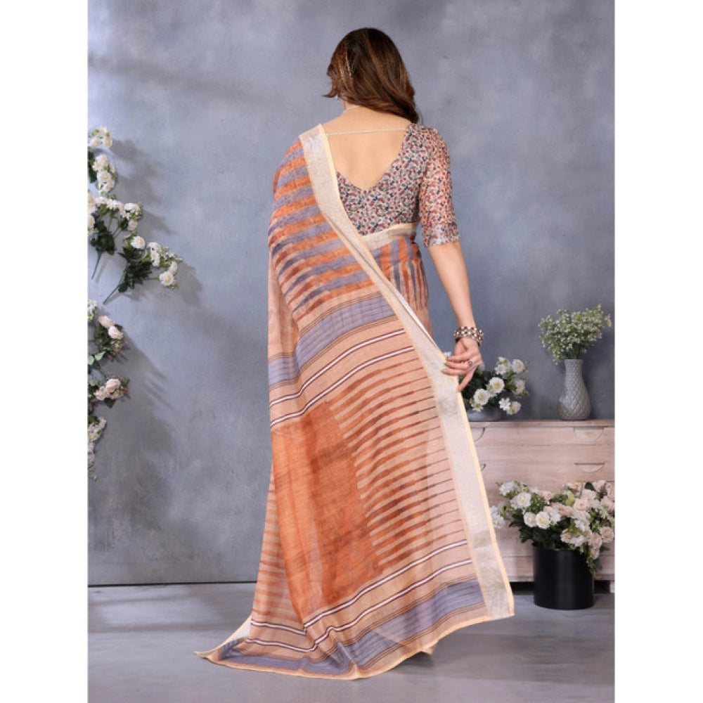 Generic Women's Linen Cotton  Printed Saree With Unstitched Blouse 5.5Mtr (Brown)