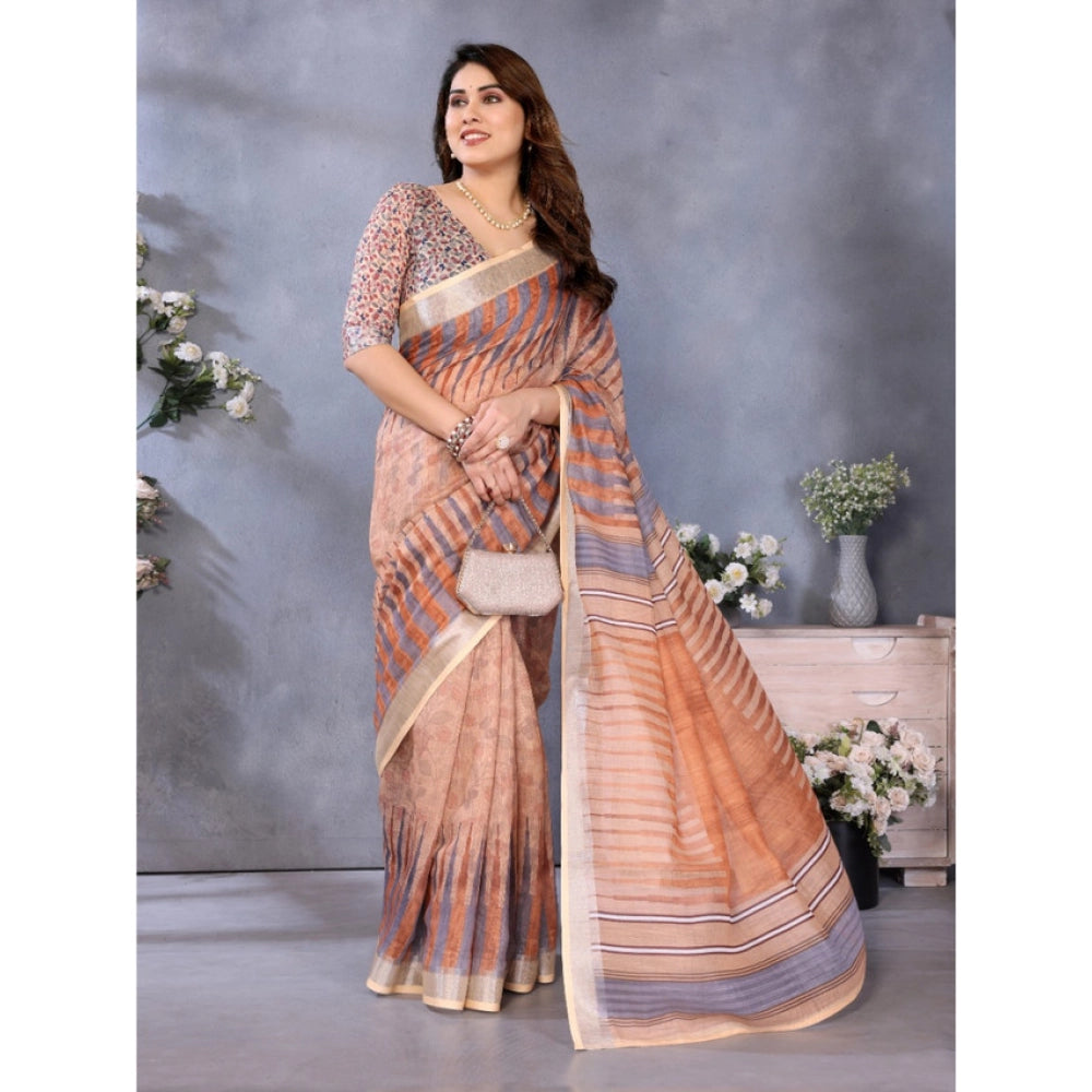 Generic Women's Linen Cotton  Printed Saree With Unstitched Blouse 5.5Mtr (Brown)