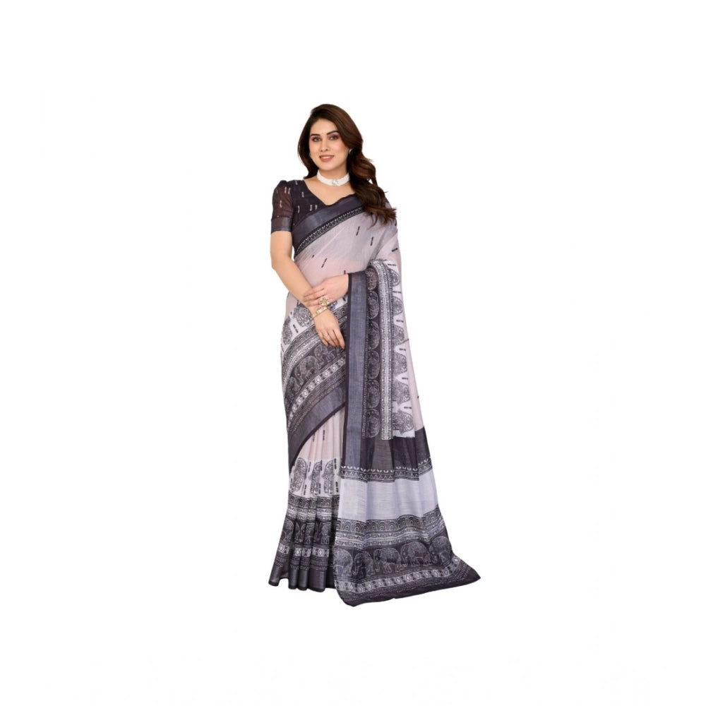 Generic Women's Linen Cotton  Printed Saree With Unstitched Blouse 5.5Mtr (White &amp; Black)