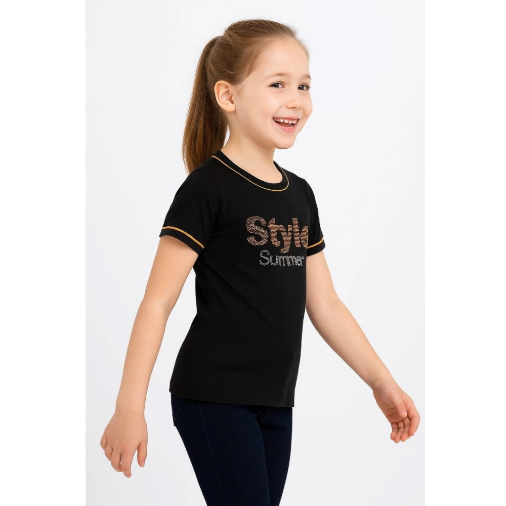Generic Girl's Cotton Printeded Round Neck T-Shirt (Black)