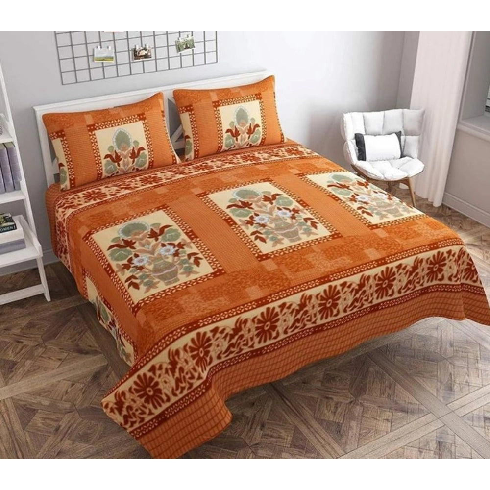 Generic Fleece Floral Printed Double Polar Warm Bedsheet with 2 Pillow Cover (Orange)