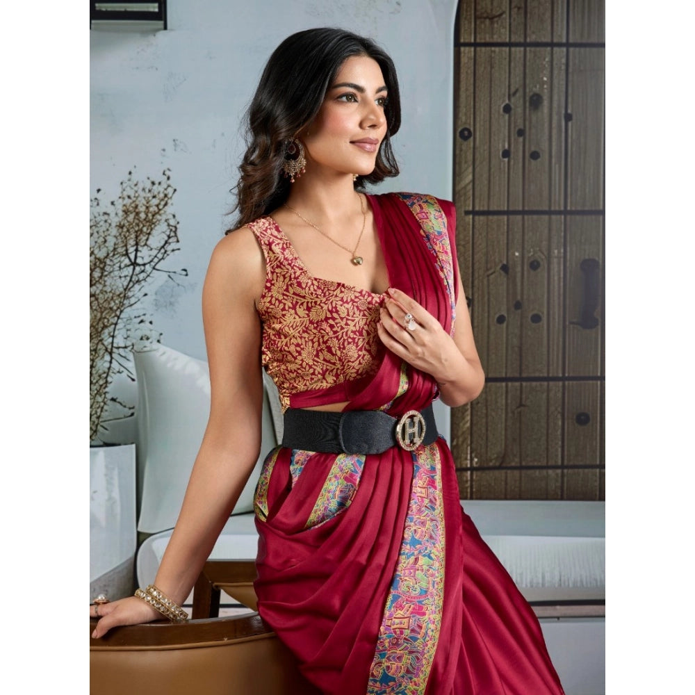 Generic Women's Satin Crepe Printed Saree With Unstitched Blouse 5.5Mtr (Maroon)