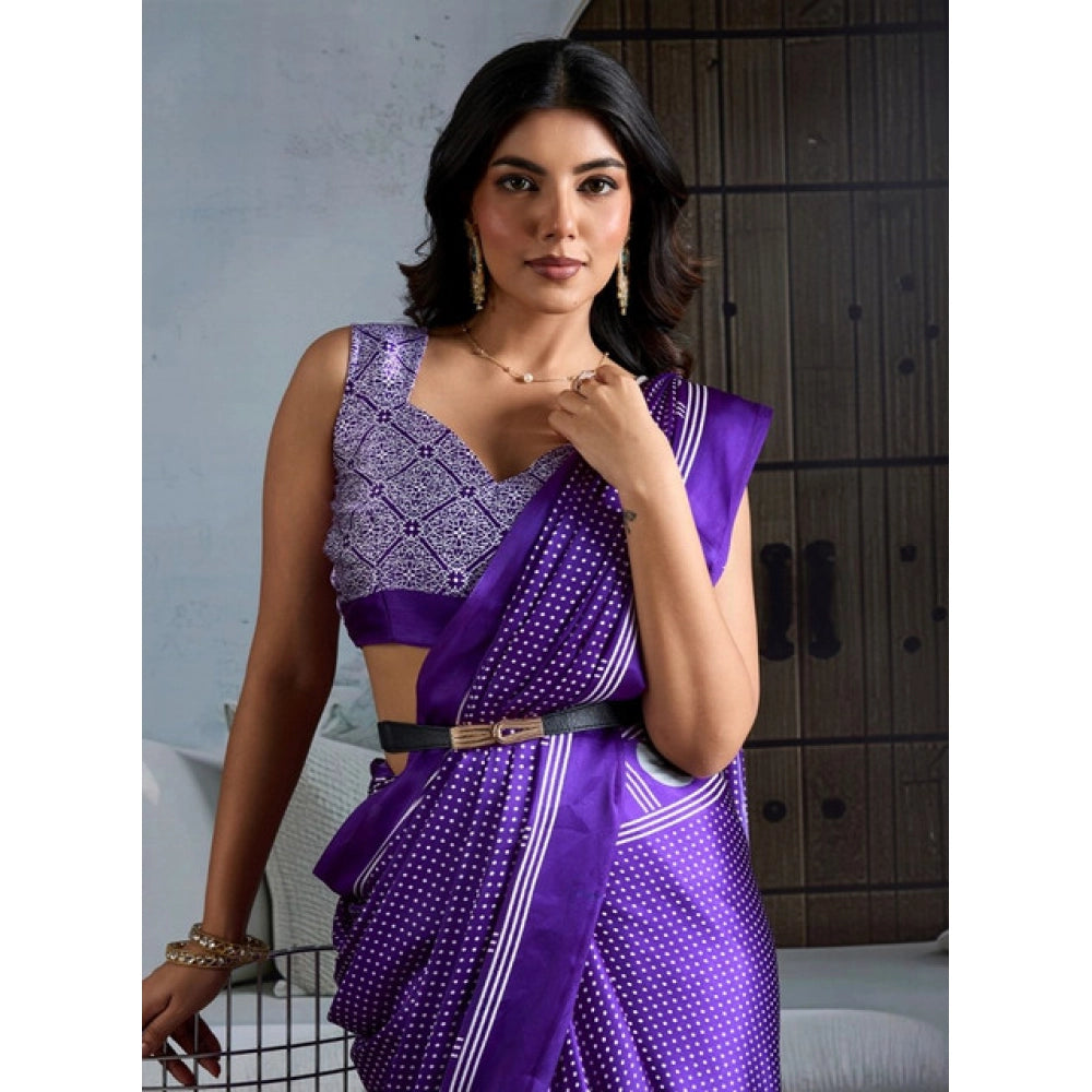 Generic Women's Satin Crepe Printed Saree With Unstitched Blouse 5.5Mtr (Purple)