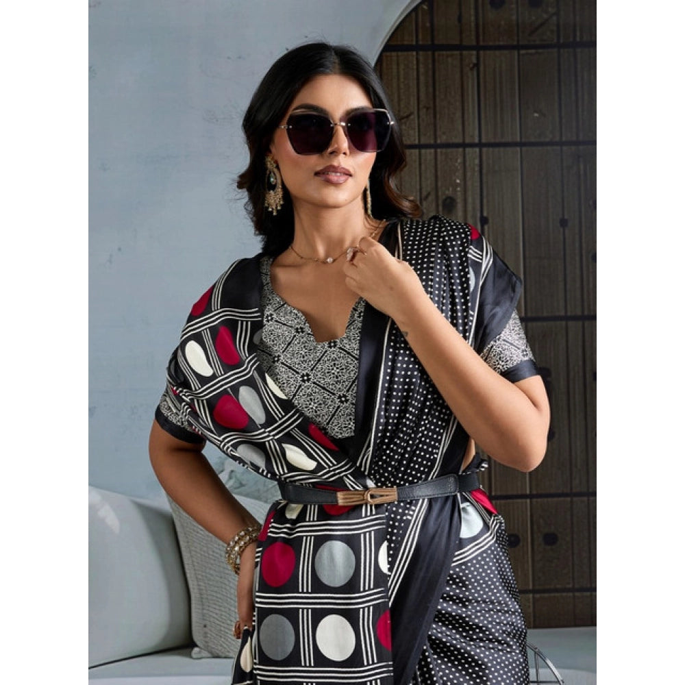 Generic Women's Satin Crepe Printed Saree With Unstitched Blouse 5.5Mtr (Black)