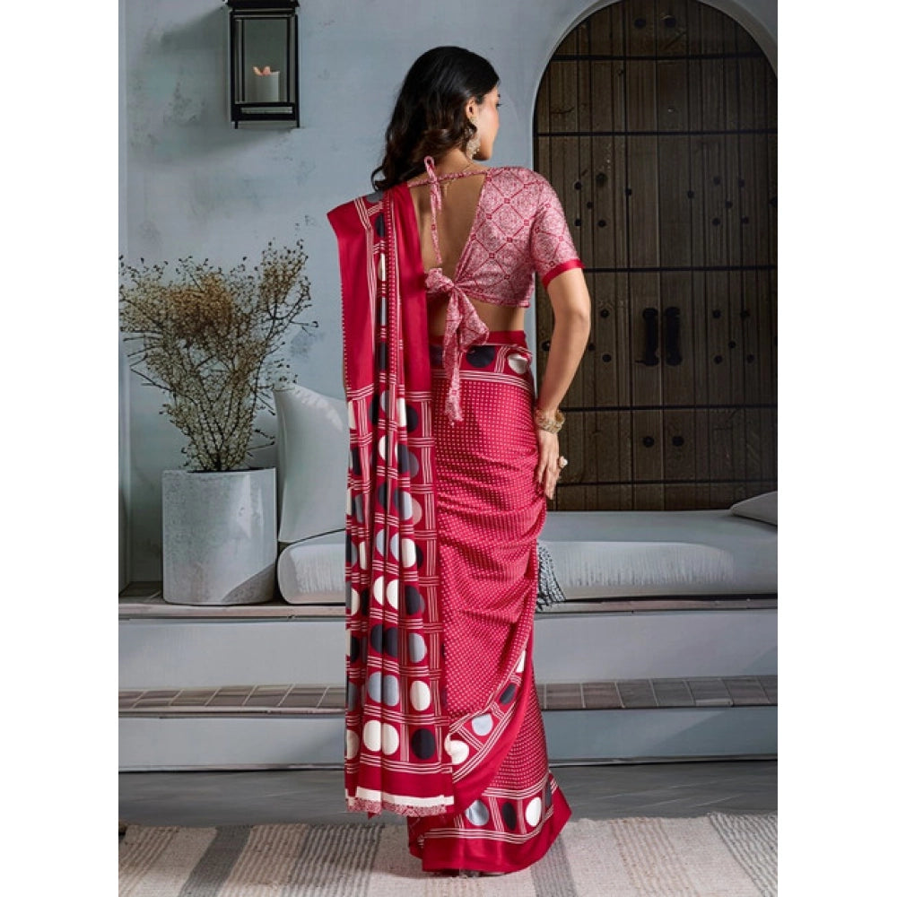 Generic Women's Satin Crepe Printed Saree With Unstitched Blouse 5.5Mtr (Red)