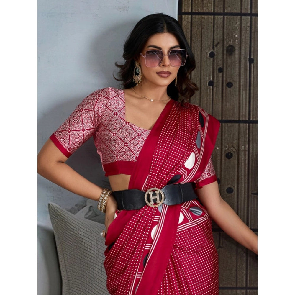Generic Women's Satin Crepe Printed Saree With Unstitched Blouse 5.5Mtr (Red)
