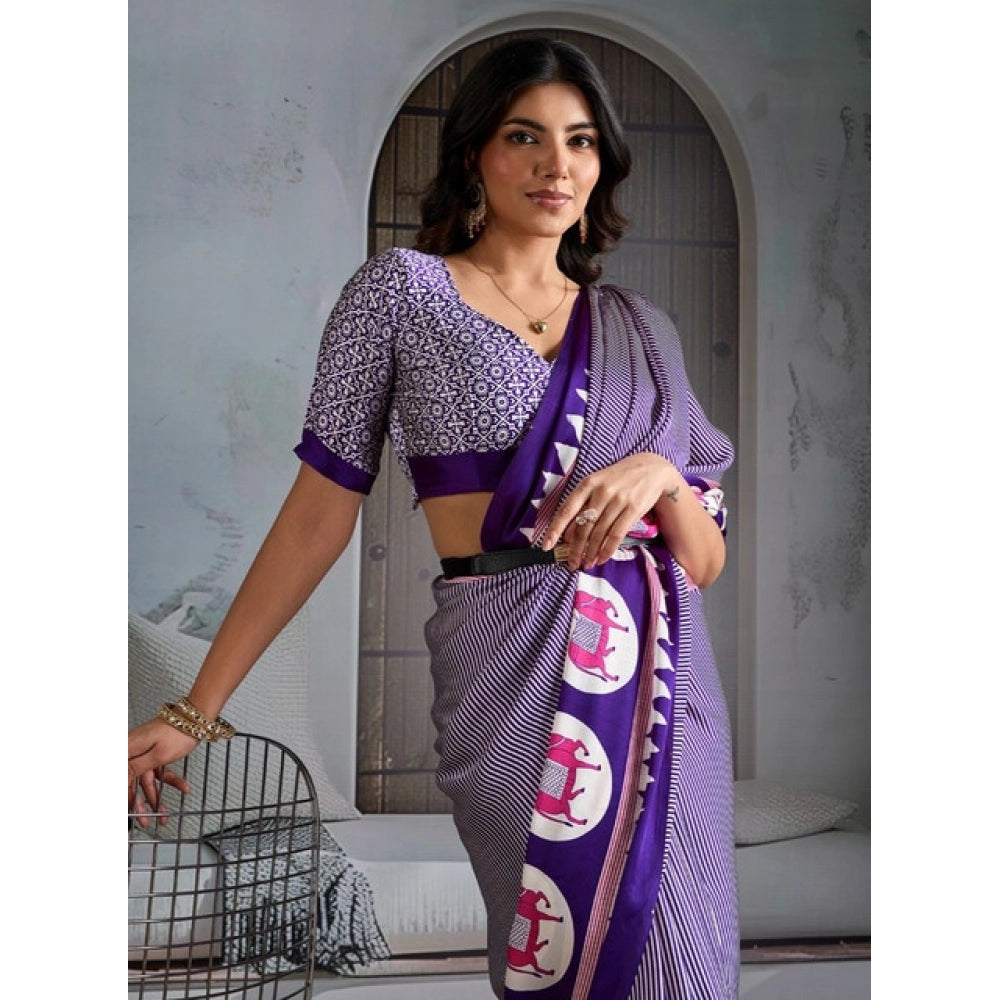 Generic Women's Satin Crepe Printed Saree With Unstitched Blouse 5.5Mtr (Blue)