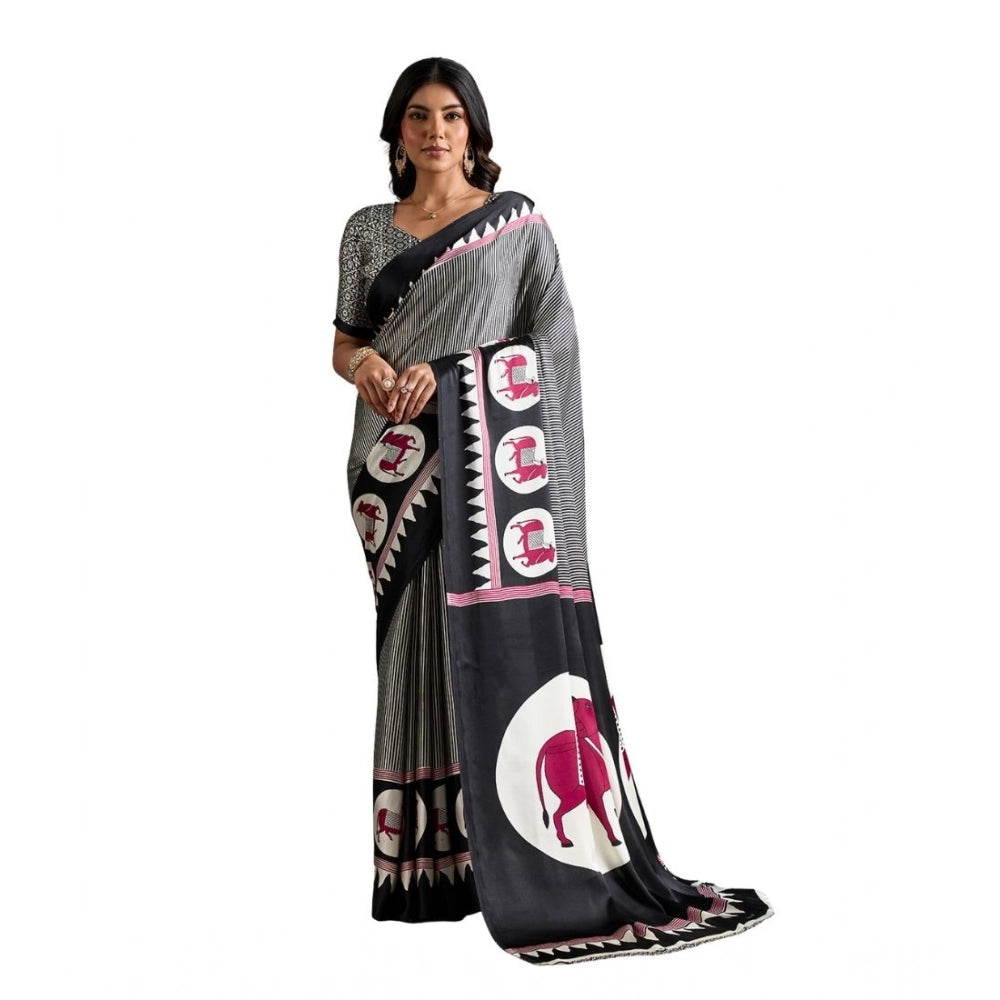 Satin Crepe Printed Saree With Unstitched Blouse 5.5Mtr (Black)