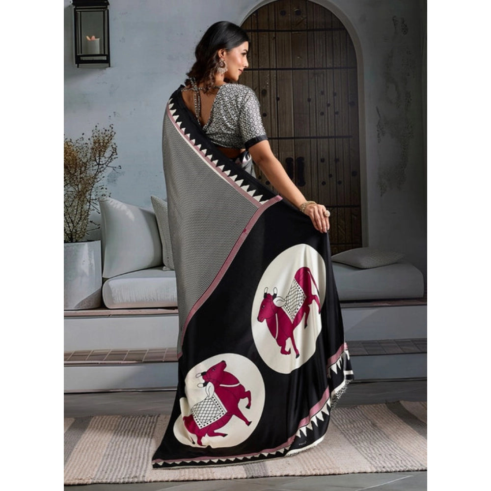 Satin Crepe Printed Saree With Unstitched Blouse 5.5Mtr (Black)