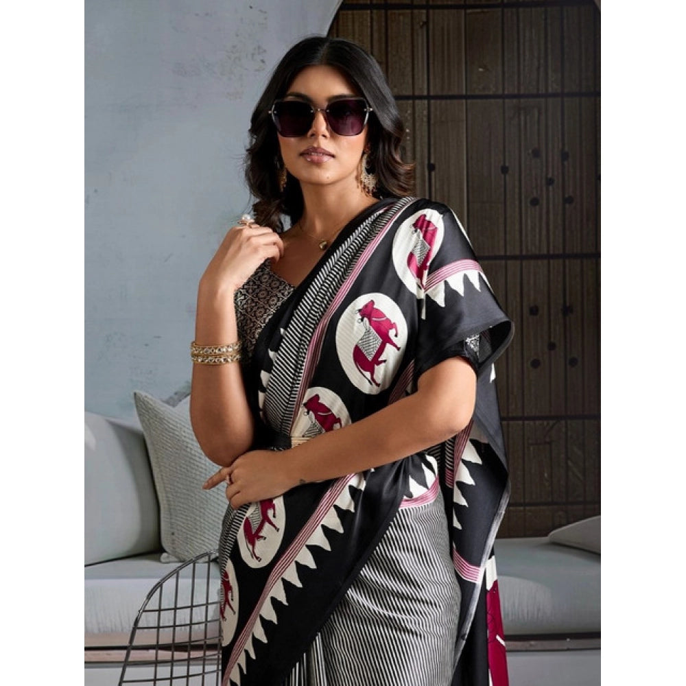 Satin Crepe Printed Saree With Unstitched Blouse 5.5Mtr (Black)