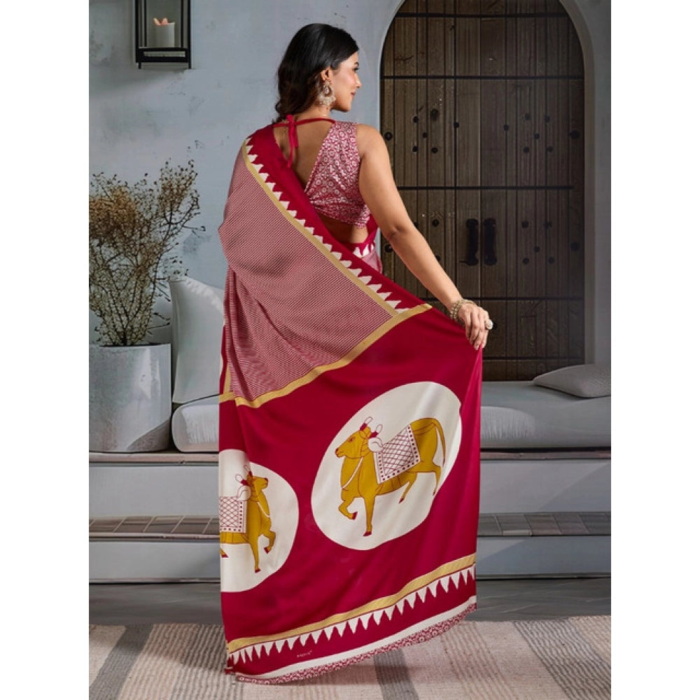 Generic Women's Satin Crepe Printed Saree With Unstitched Blouse 5.5Mtr (Red)