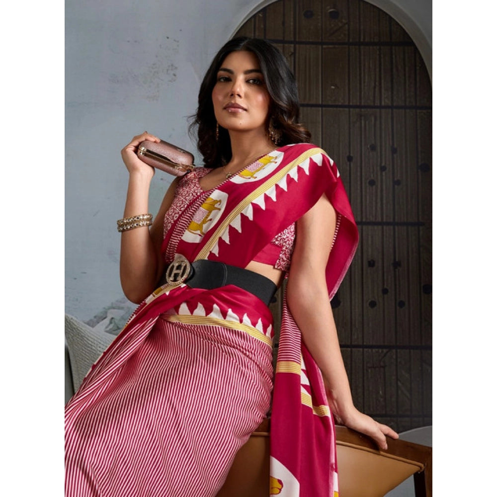 Generic Women's Satin Crepe Printed Saree With Unstitched Blouse 5.5Mtr (Red)