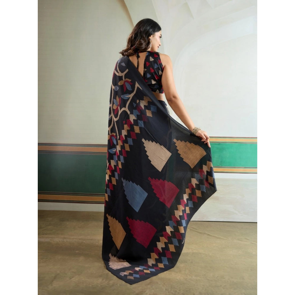 Generic Women's Satin Crepe Printed Saree With Unstitched Blouse 5.5Mtr (Black)