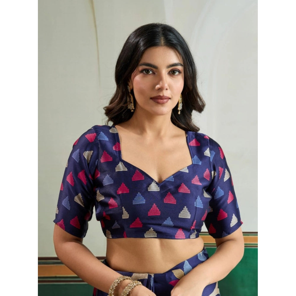 Generic Women's Satin Crepe Printed Saree With Unstitched Blouse 5.5Mtr (Navy Blue)
