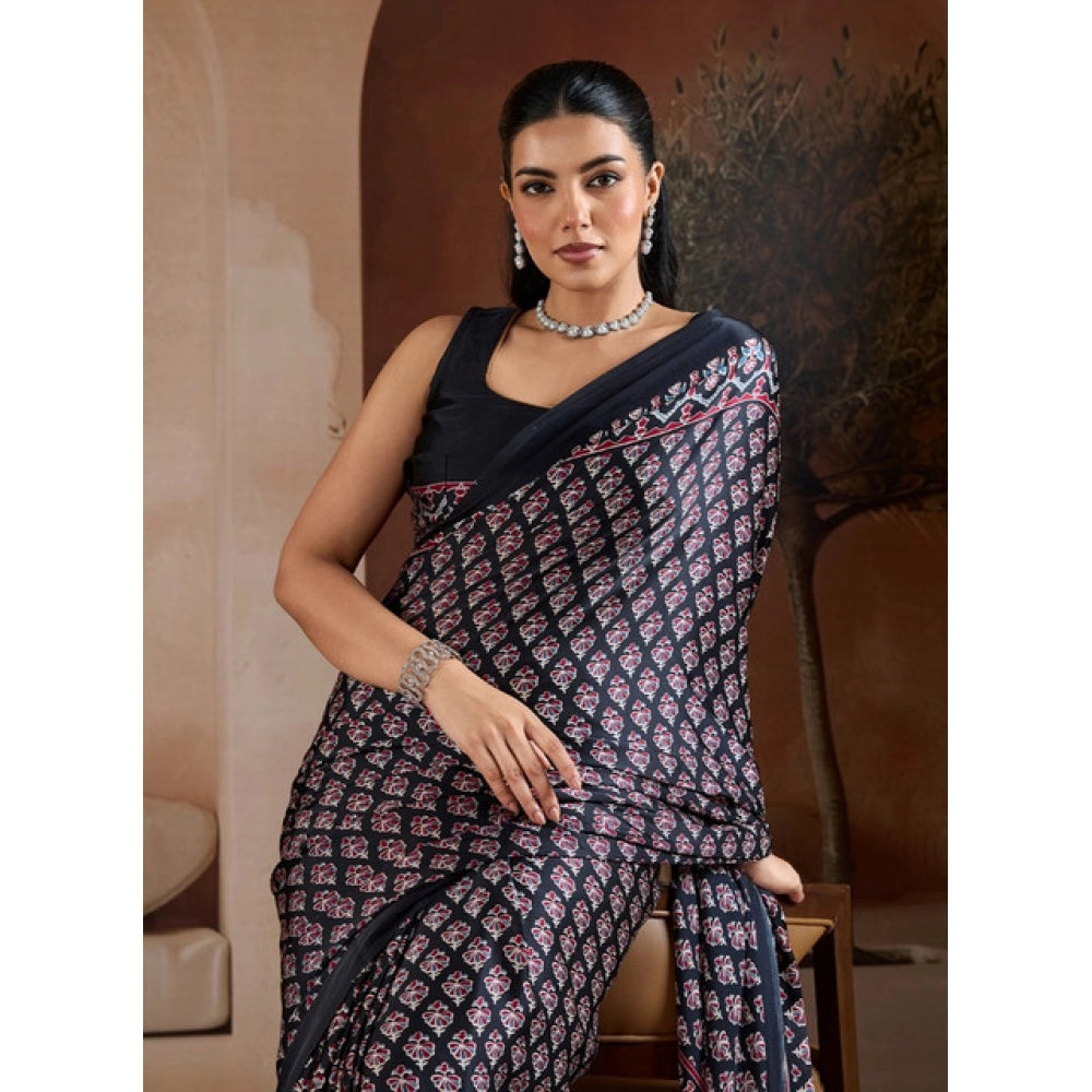 Generic Women's Satin Crepe Printed Saree With Unstitched Blouse 5.5Mtr (Black)