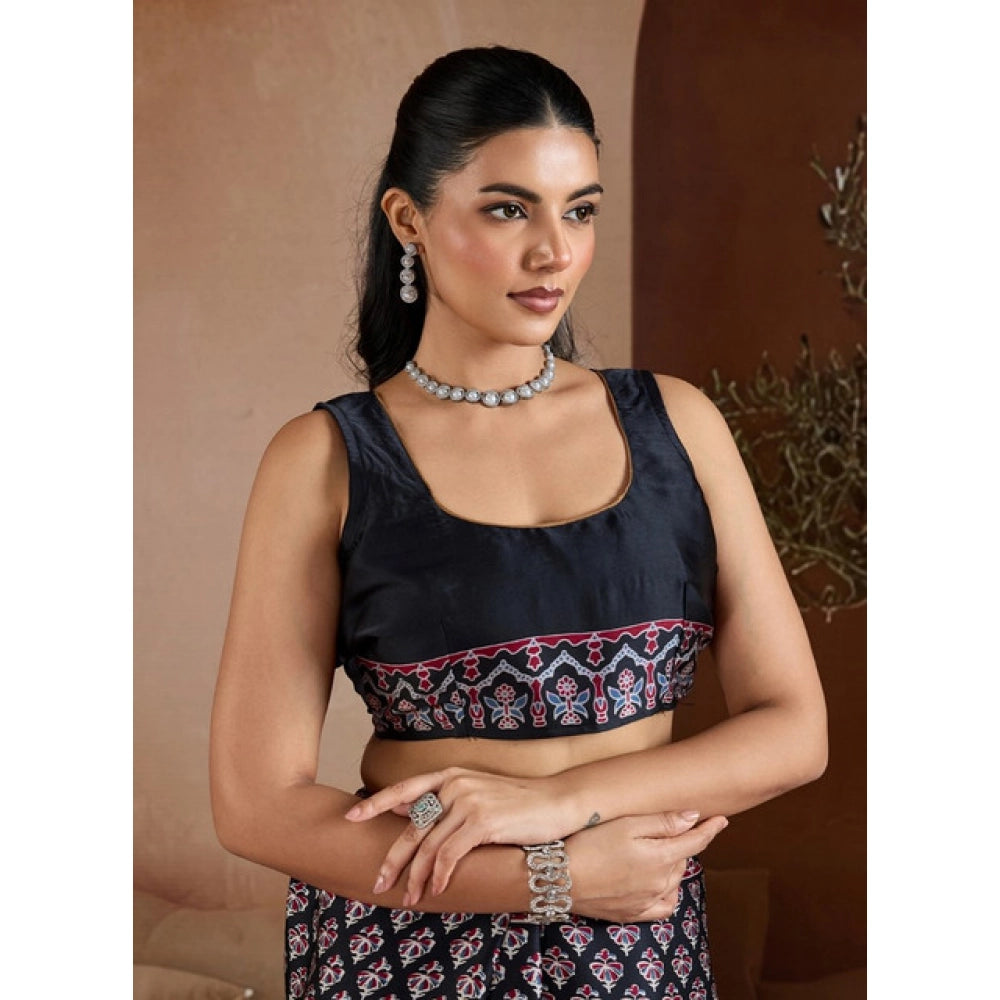 Generic Women's Satin Crepe Printed Saree With Unstitched Blouse 5.5Mtr (Black)