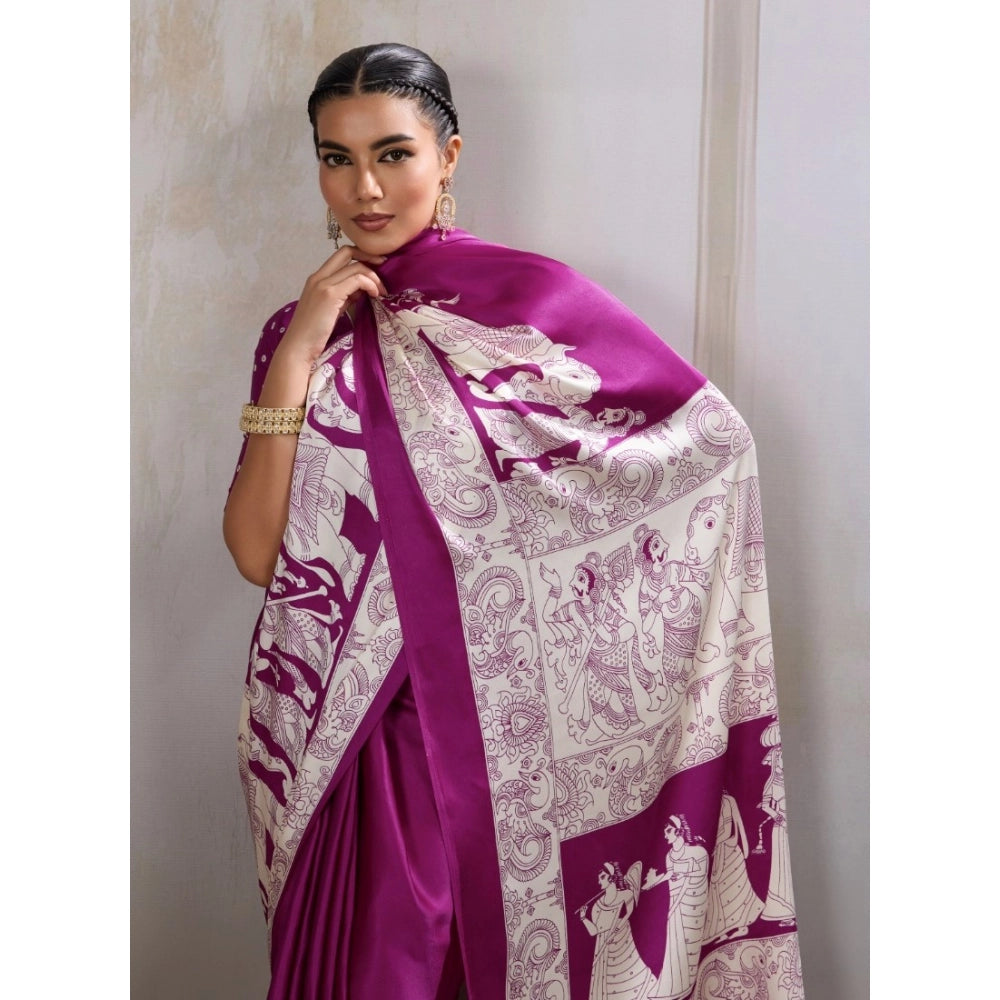 Generic Women's Satin Crepe Printed Saree With Unstitched Blouse 5.5Mtr (Purple)