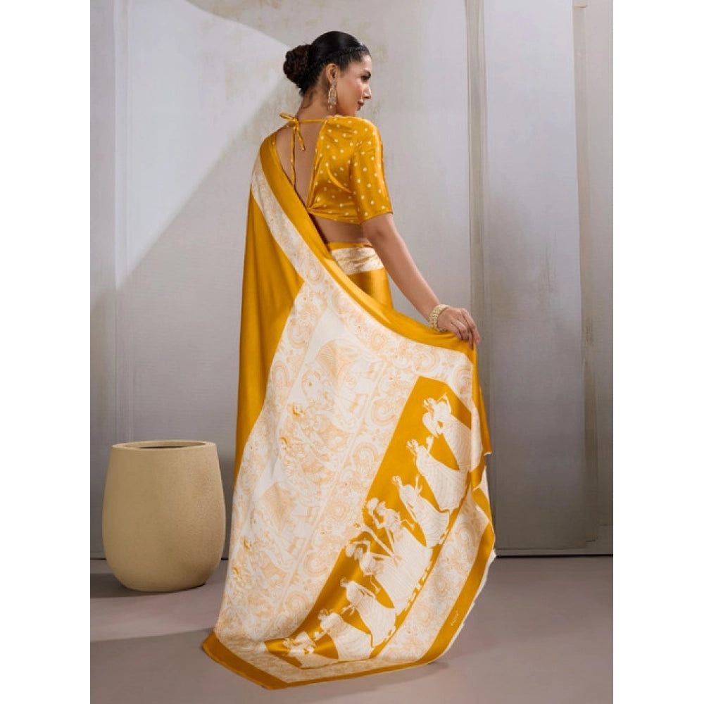 Generic Women's Satin Crepe Printed Saree With Unstitched Blouse 5.5Mtr (Mustard)