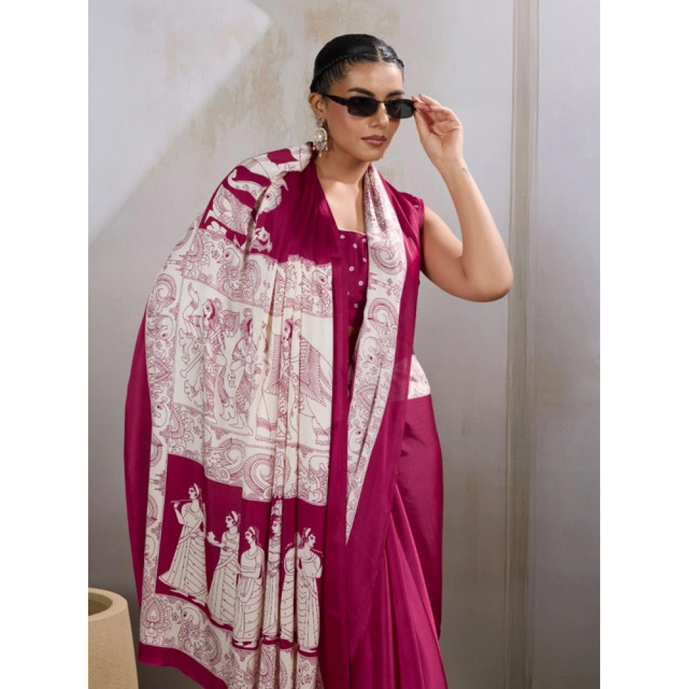 Generic Women's Satin Crepe Printed Saree With Unstitched Blouse 5.5Mtr (Maroon)