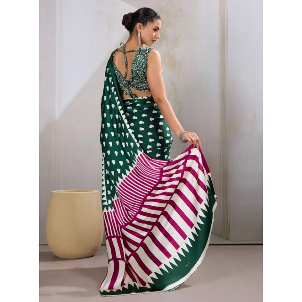 Satin Crepe Printed Saree With Unstitched Blouse 5.5Mtr (Bottle Green)