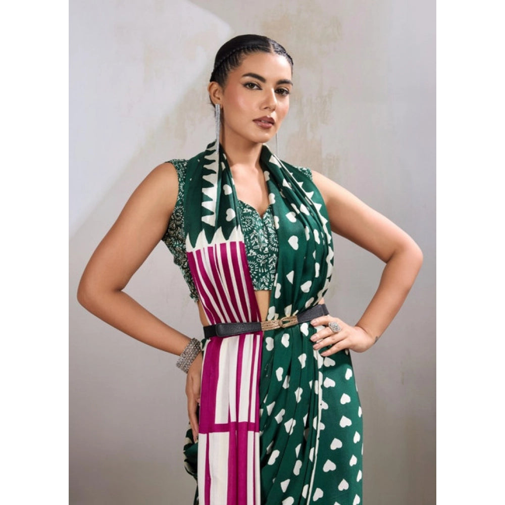 Satin Crepe Printed Saree With Unstitched Blouse 5.5Mtr (Bottle Green)