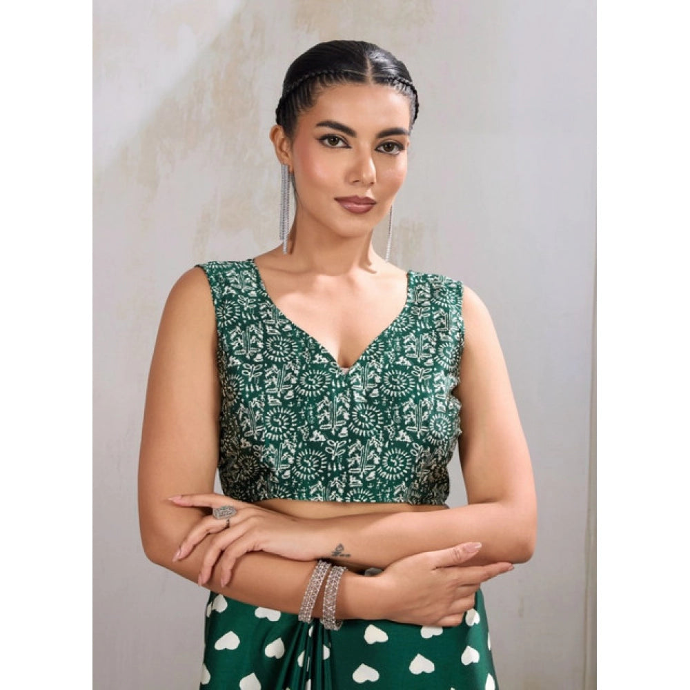 Satin Crepe Printed Saree With Unstitched Blouse 5.5Mtr (Bottle Green)