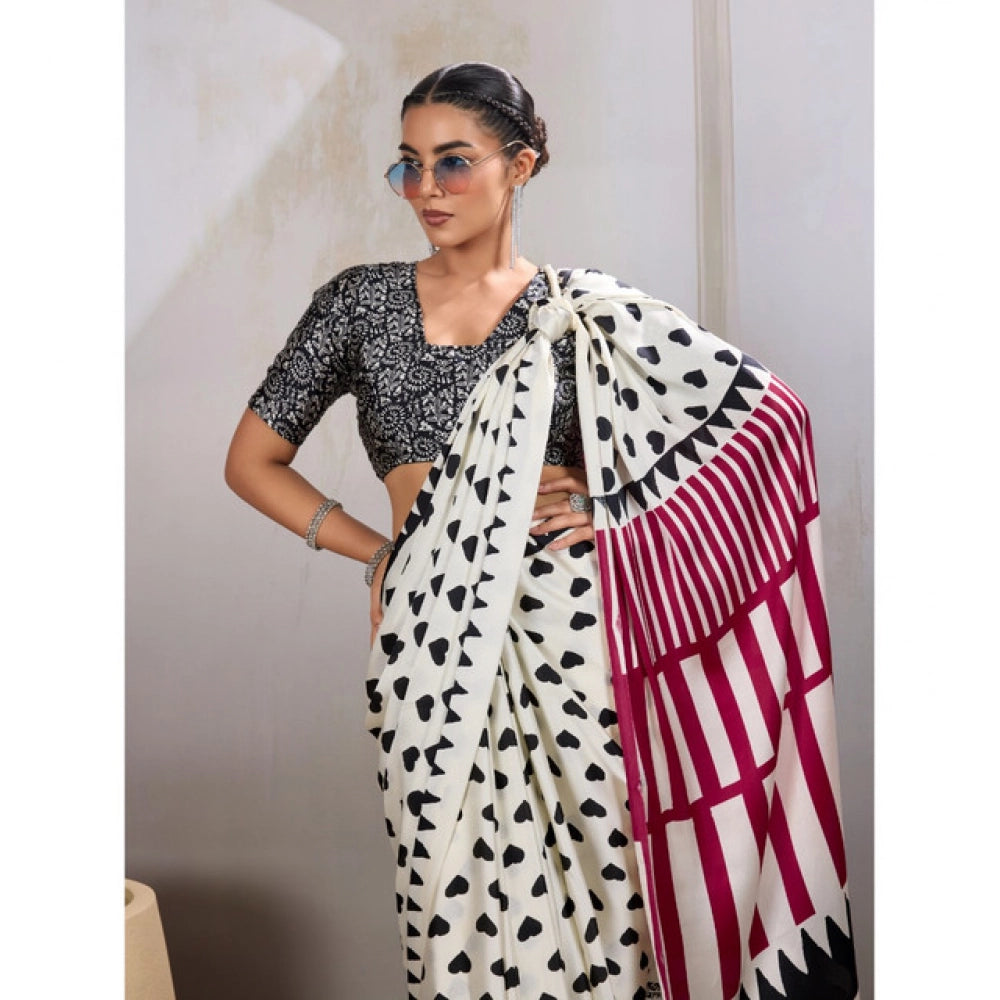 Generic Women's Satin Crepe Printed Saree With Unstitched Blouse 5.5Mtr (White)