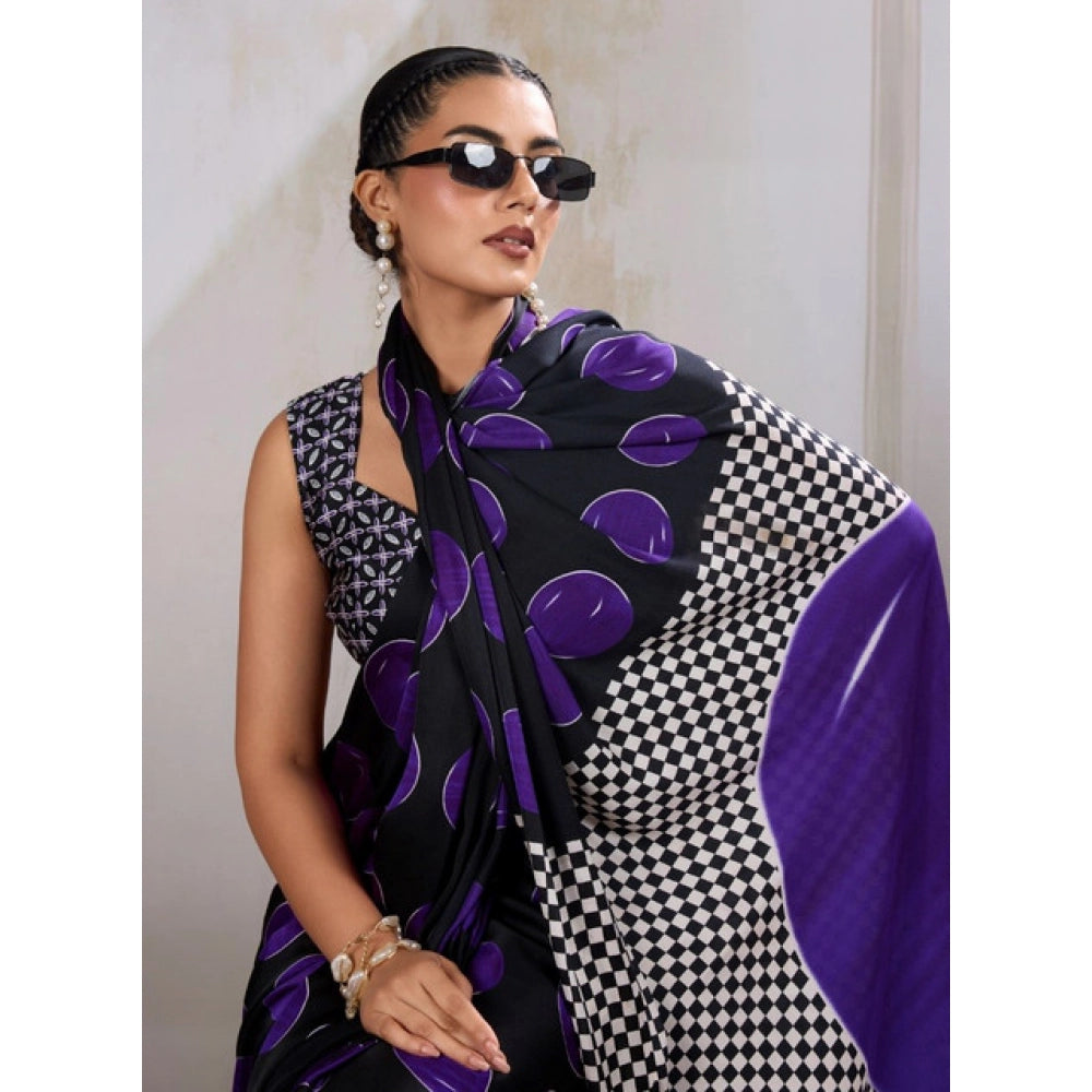 Generic Women's Satin Crepe Printed Saree With Unstitched Blouse 5.5Mtr (Purple)