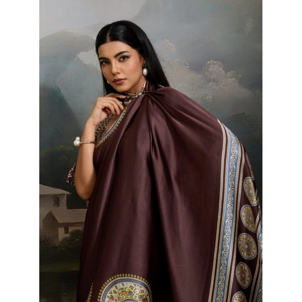 Generic Women's Satin Crepe Printed Saree With Unstitched Blouse 5.5Mtr (Brown)