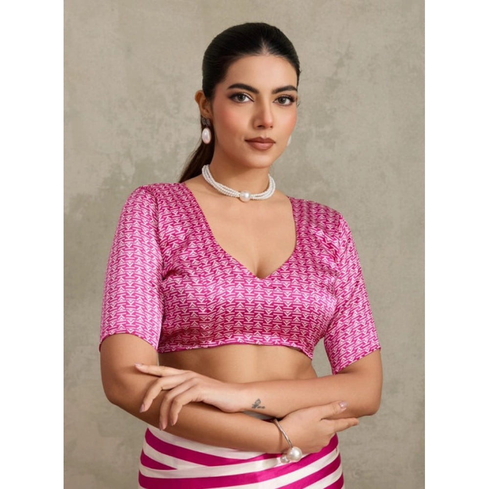 Generic Women's Satin Crepe Printed Saree With Unstitched Blouse 5.5Mtr (Pink)