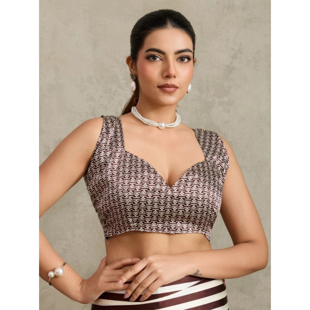Generic Women's Satin Crepe Printed Saree With Unstitched Blouse 5.5Mtr (Brown)