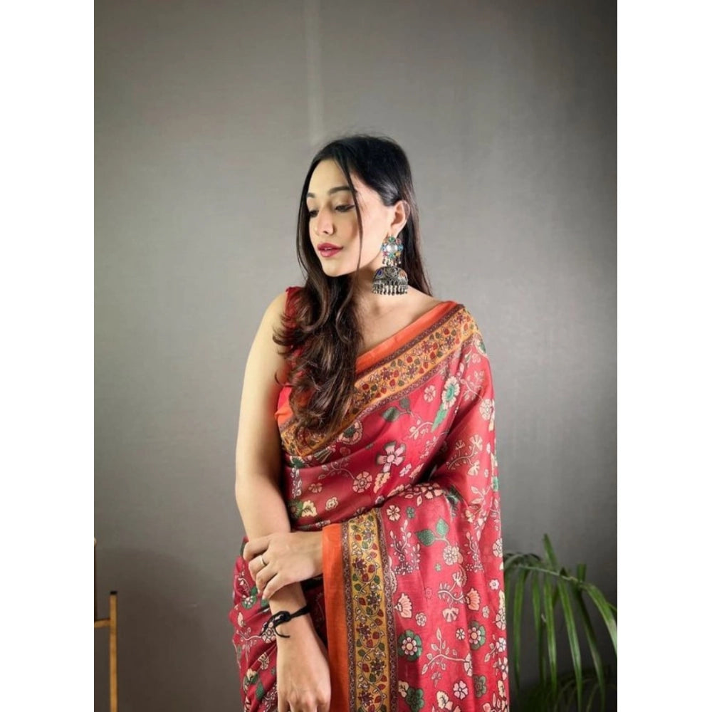 Generic Women's Linen Printed Saree With Unstitched Blouse 5.5Mtr (Red)