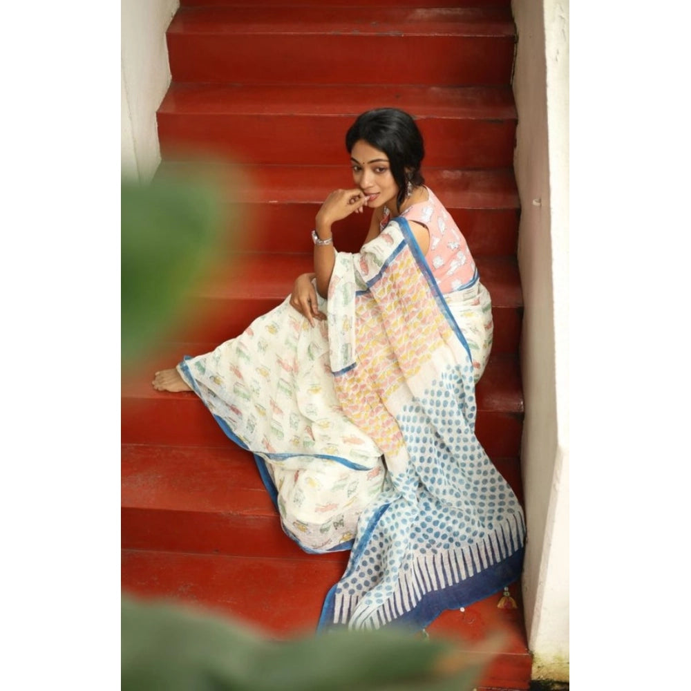 Generic Women's Linen Printed Saree With Unstitched Blouse 5.5Mtr (White)