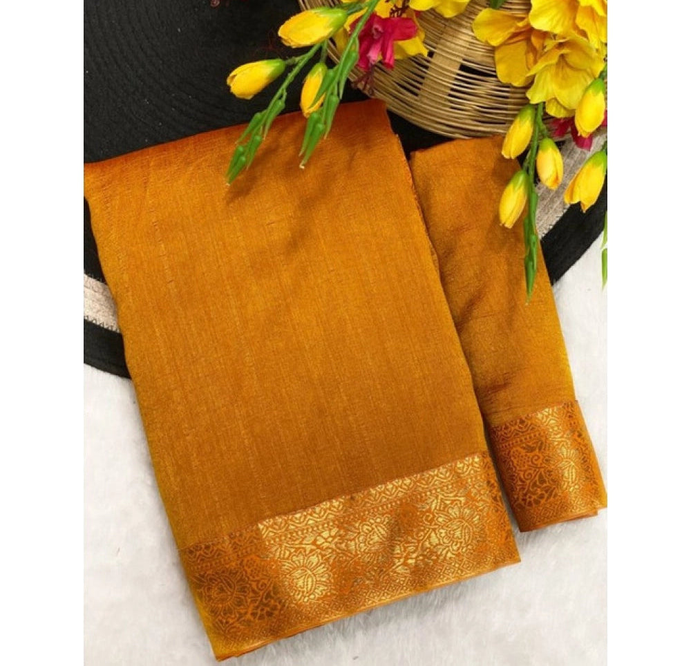 Women's Vichitra Silk Printed Saree With Unstitched Blouse 5.5Mtr (Mustard)