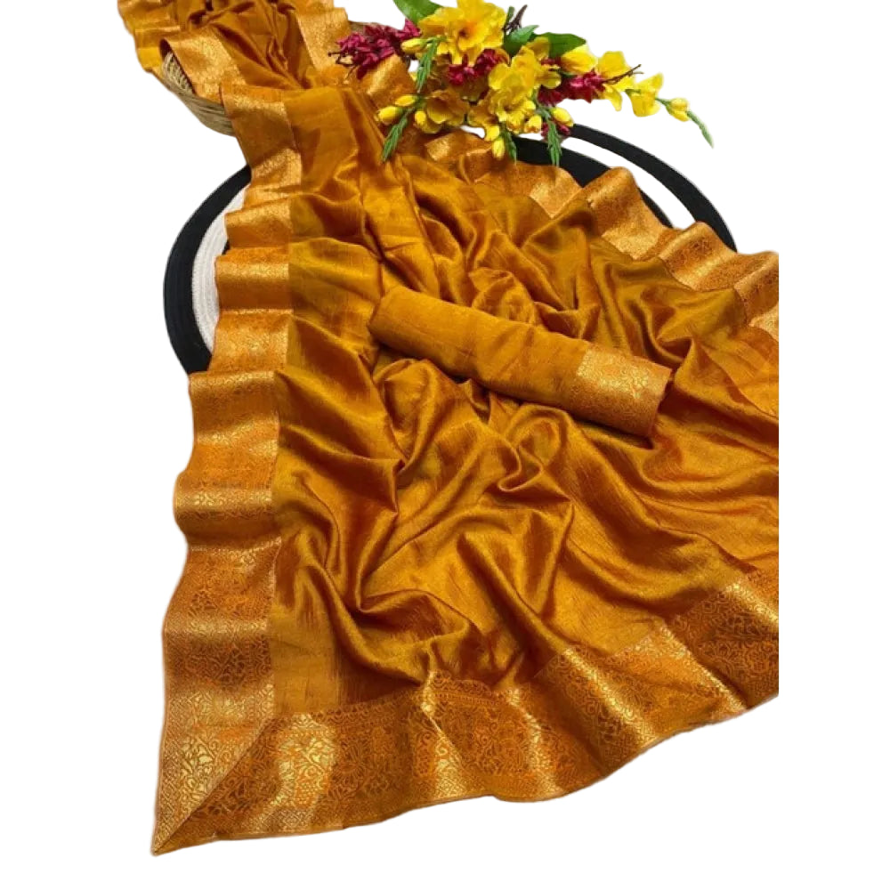 Women's Vichitra Silk Printed Saree With Unstitched Blouse 5.5Mtr (Mustard)