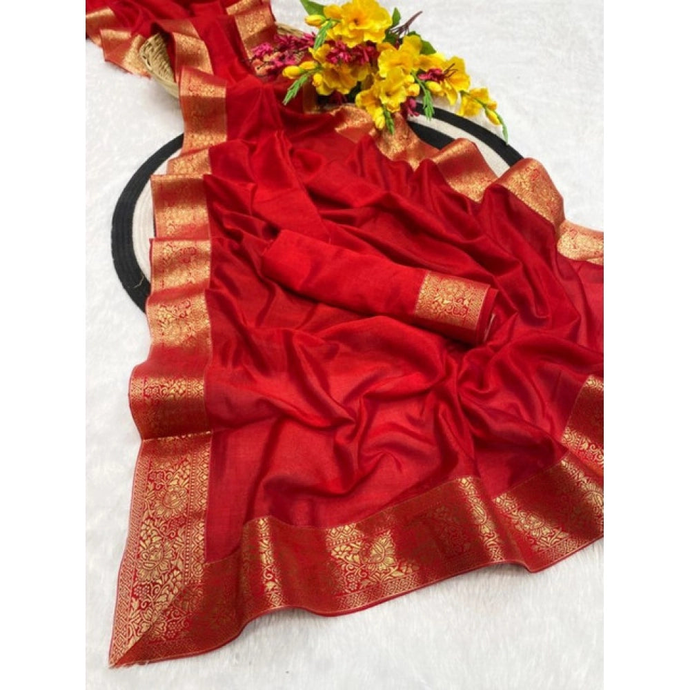 Women's Vichitra Silk Printed Saree With Unstitched Blouse 5.5Mtr (Red)