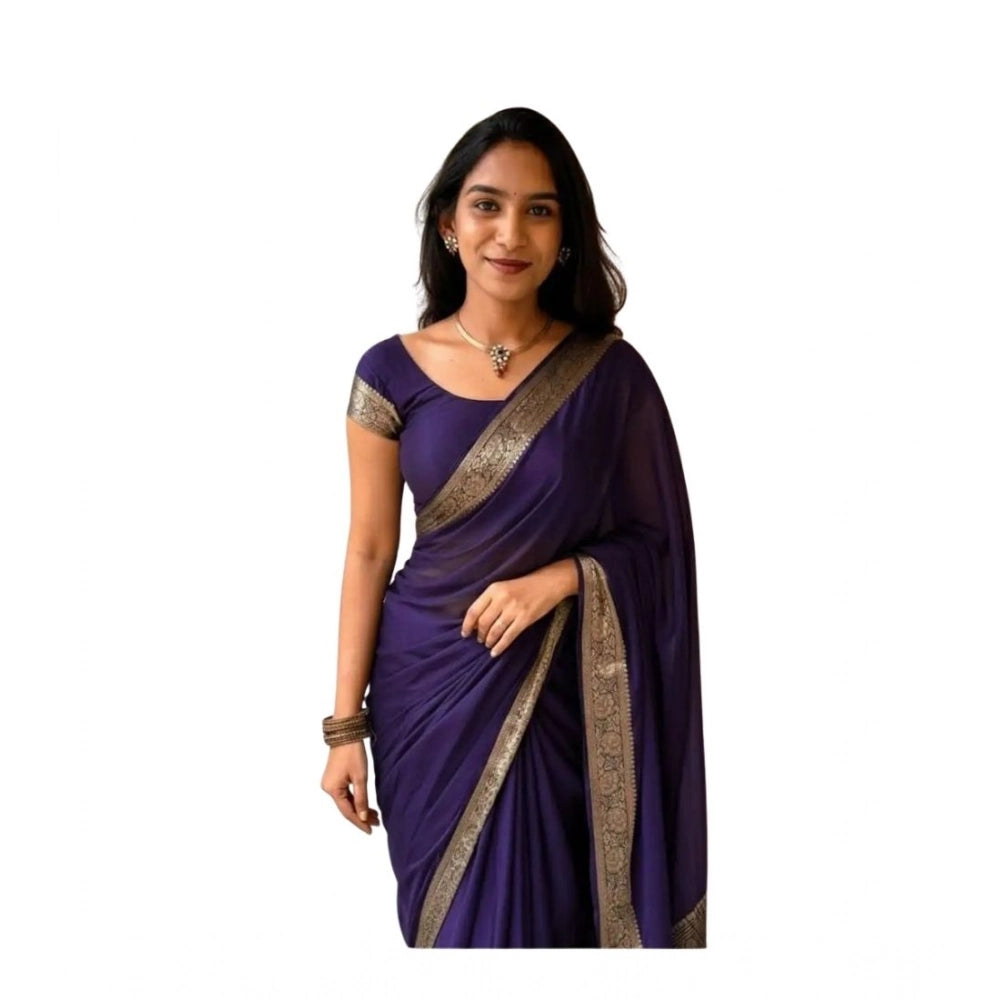 Women's Vichitra Silk Printed Saree With Unstitched Blouse 5.5Mtr (Purple)