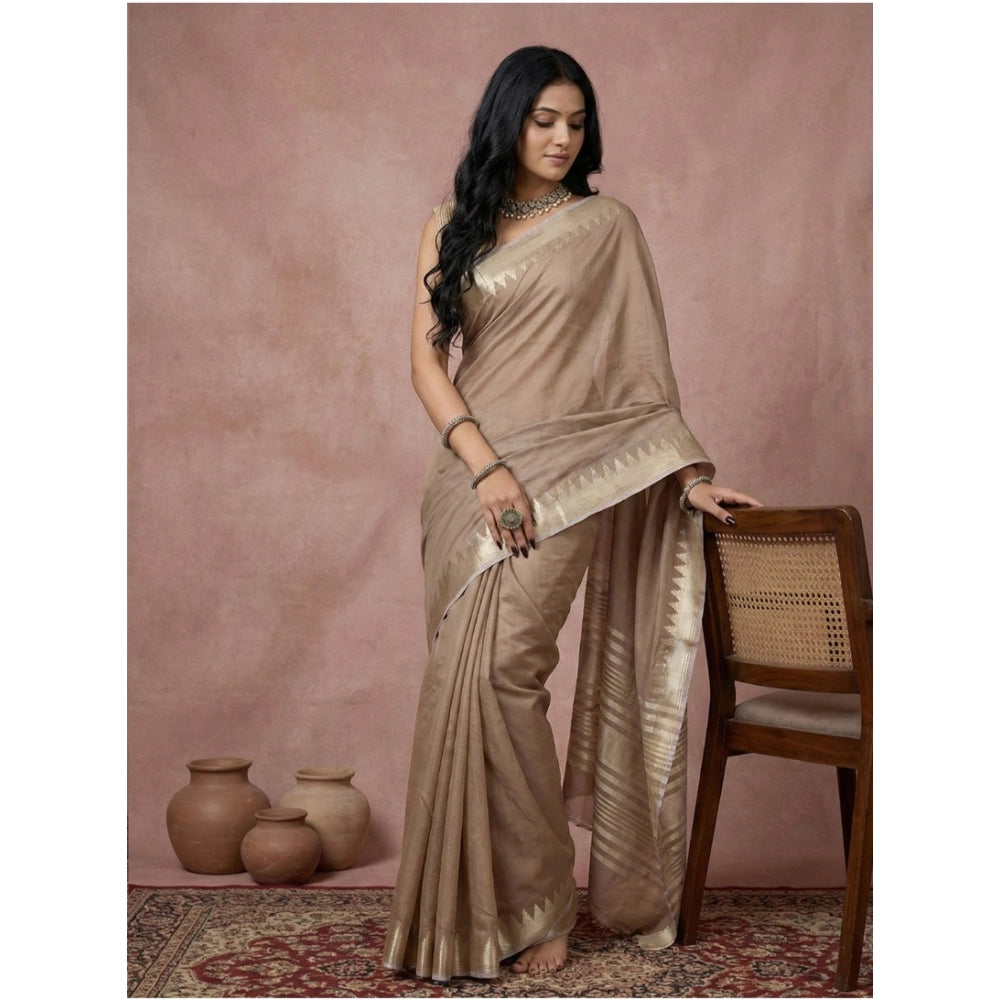 Women's Cotton Printed Saree With Unstitched Blouse 5.5Mtr (Beige)