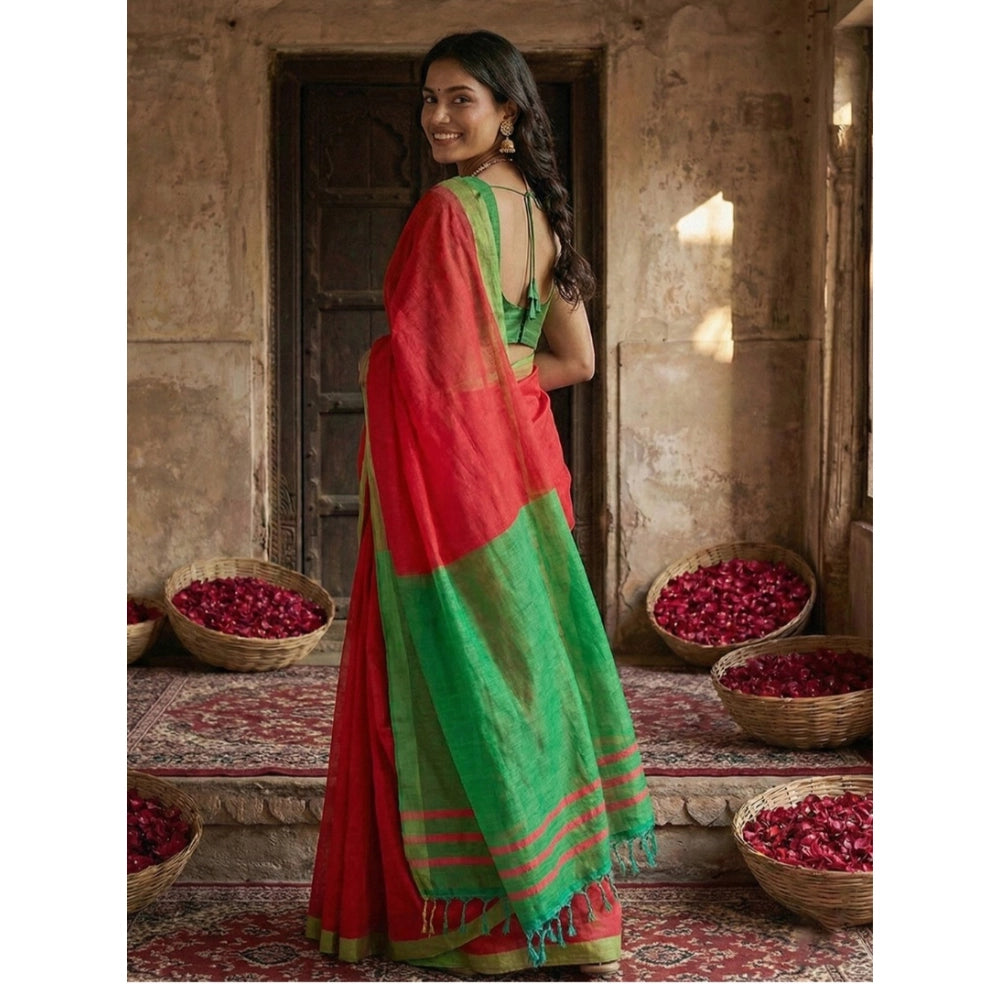 Women's Cotton Printed Saree With Unstitched Blouse 5.5Mtr (Red)