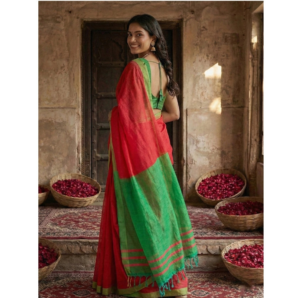 Women's Cotton Printed Saree With Unstitched Blouse 5.5Mtr (Red)