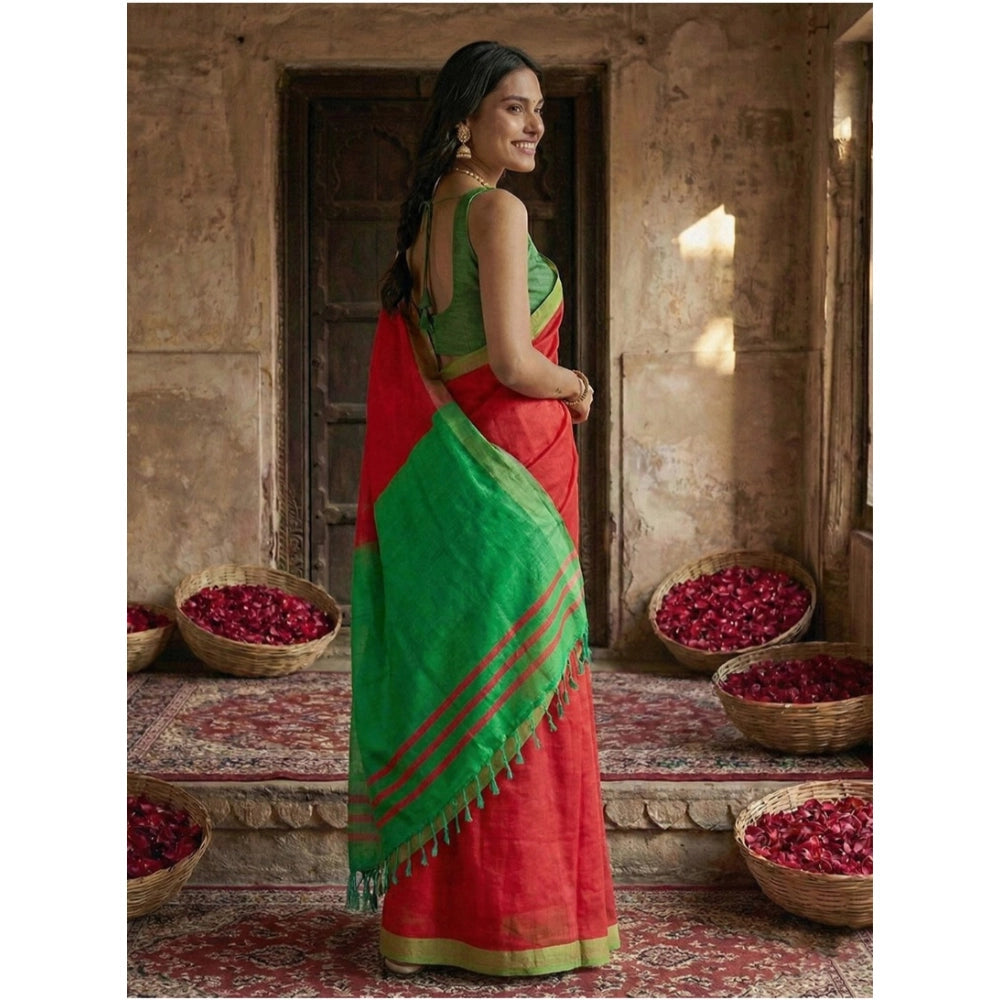 Women's Cotton Printed Saree With Unstitched Blouse 5.5Mtr (Red)