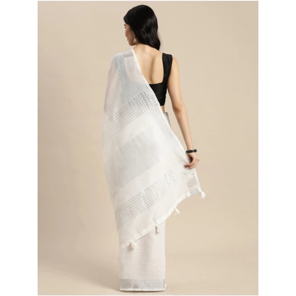 Generic Women's Linen Cotton Printed Saree With Unstitched Blouse 5.5Mtr (White)