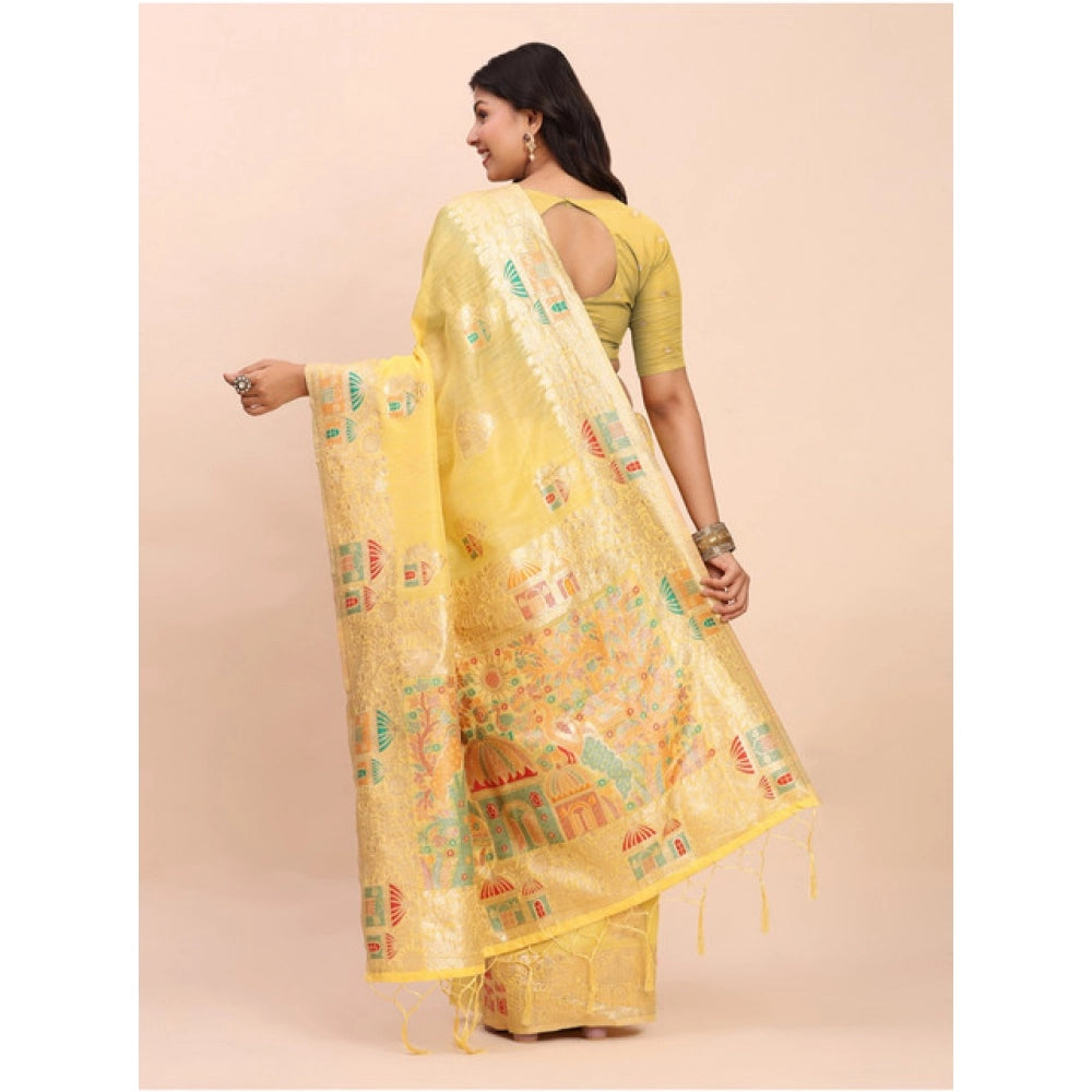 Generic Women's Linen Cotton Printed Saree With Unstitched Blouse 5.5Mtr (Yellow)