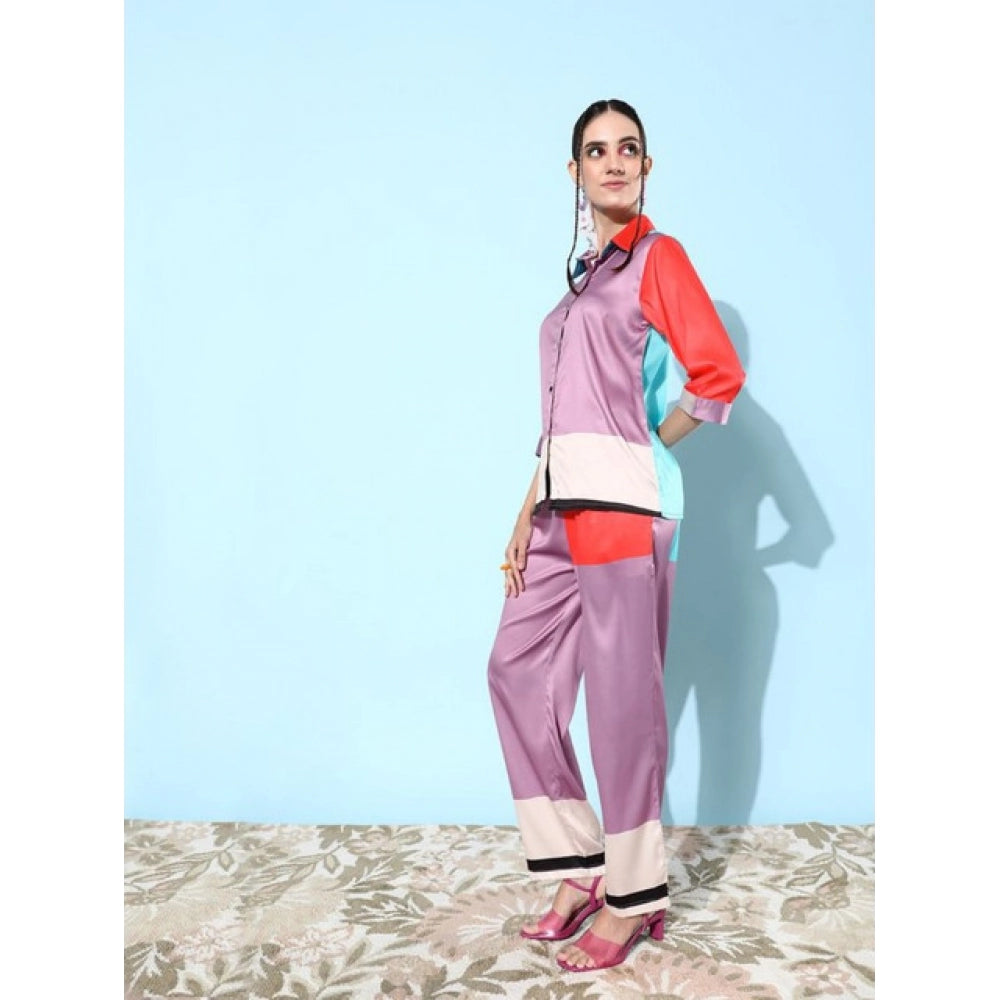 Generic Women's Satin Colour Block Long Sleeves Co-Ord Set (Multicolor)
