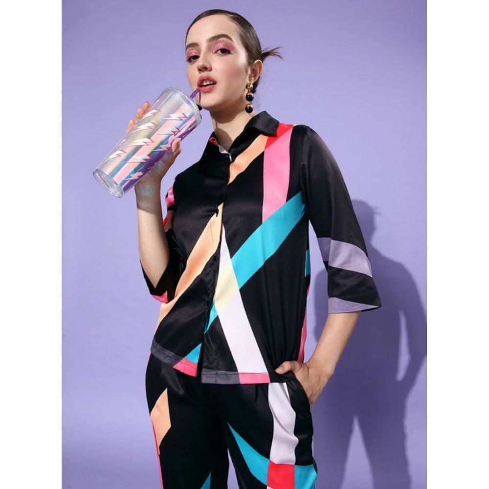 Generic Women's Satin Colour Block Long Sleeves Co-Ord Set (Multicolor)