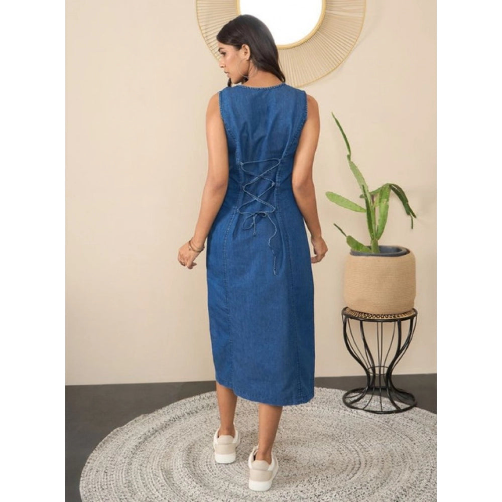 Generic Women's Denim Solid Sleeveless Dress (Blue)